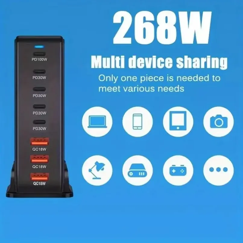 Phone Charger Station 268W Power Adapter 8-Port Fast Charging 100W PD QC3.0 for Phone Tablet Laptop Home Travel Office USB Type-C Dock