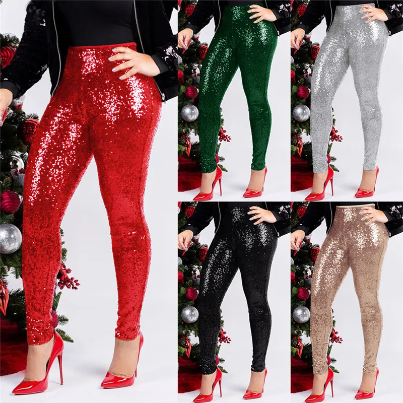 Women Rose Gold Sequin Pants Ladies Trousers Winter Slim Shiny Skinny  Pencil Pants Sparkly Christmas Party Glitter Legging Pants