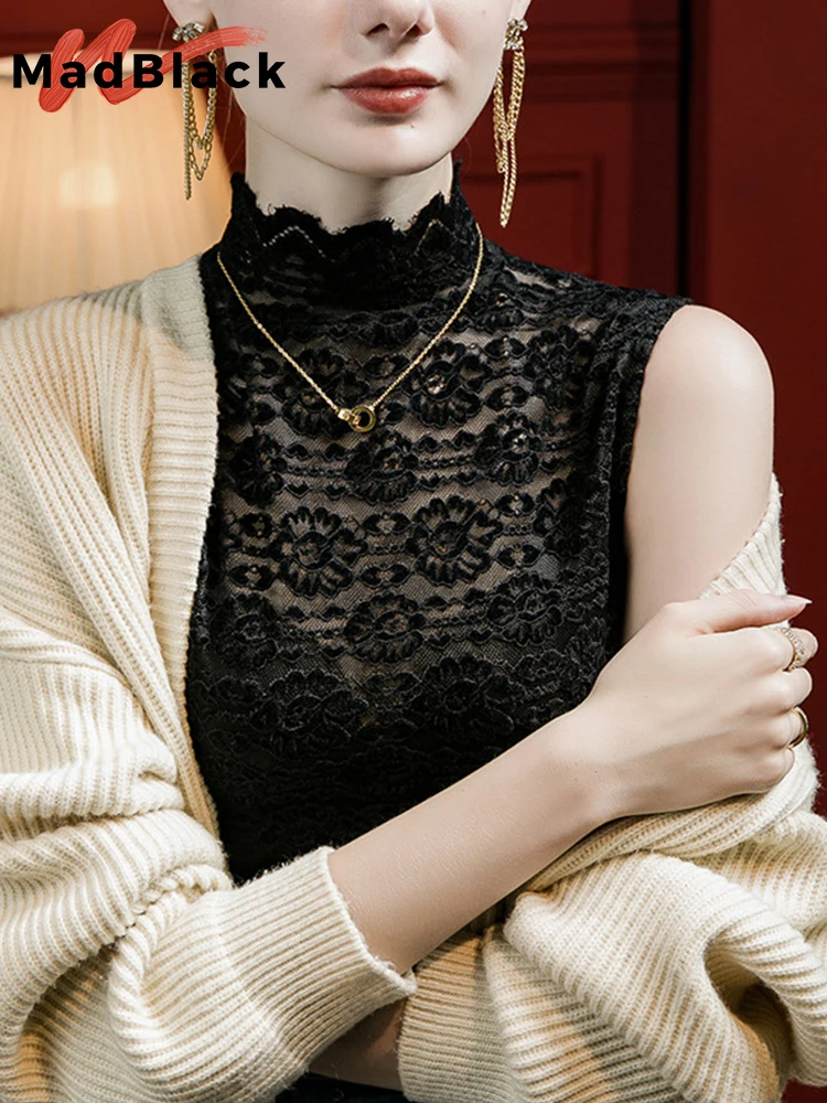 

Женская кружевная майка без рукавов, с воротником-стойкой