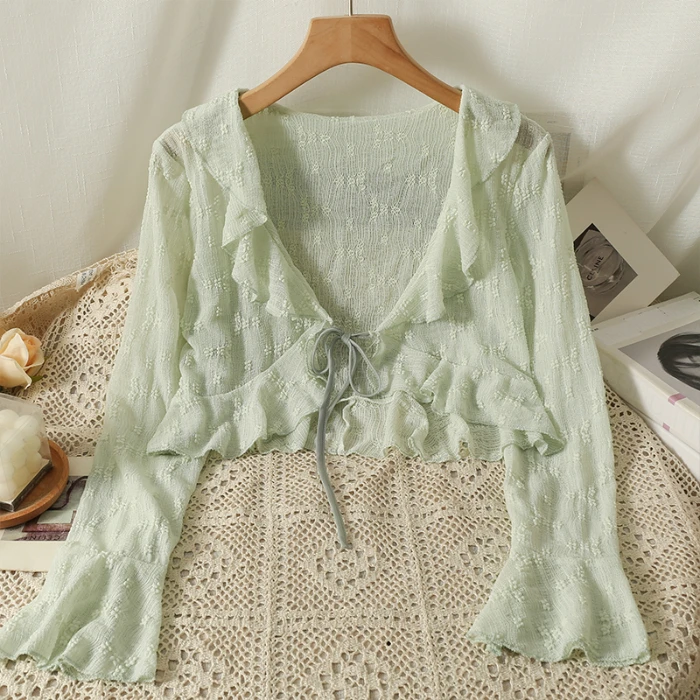 8k90 green ruffle bell sleeve cardigan