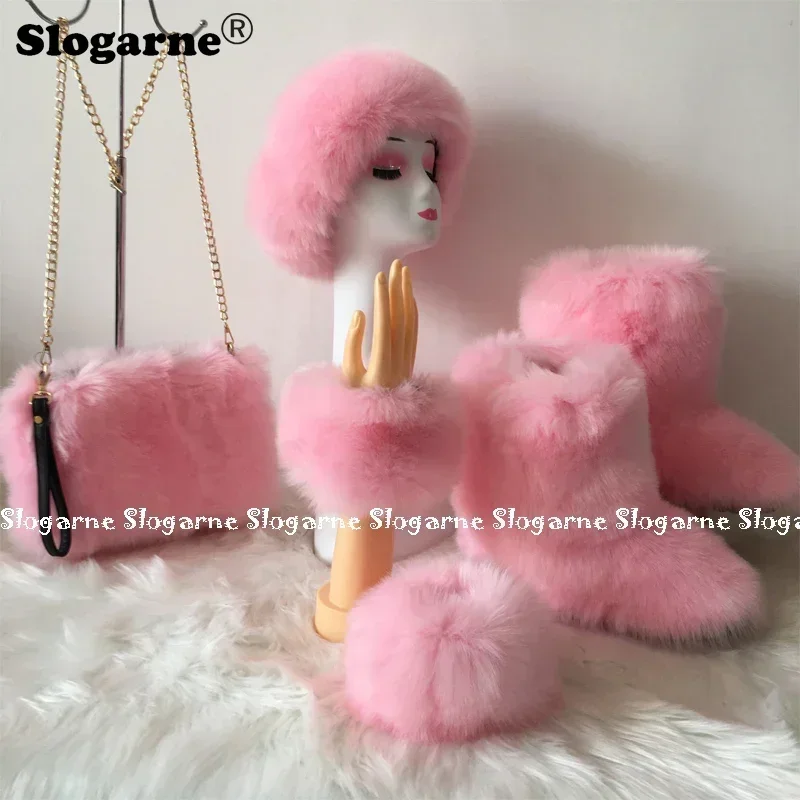 New Women Faux Fur Fashion Sets Winter Luxury Furry Snow Boots