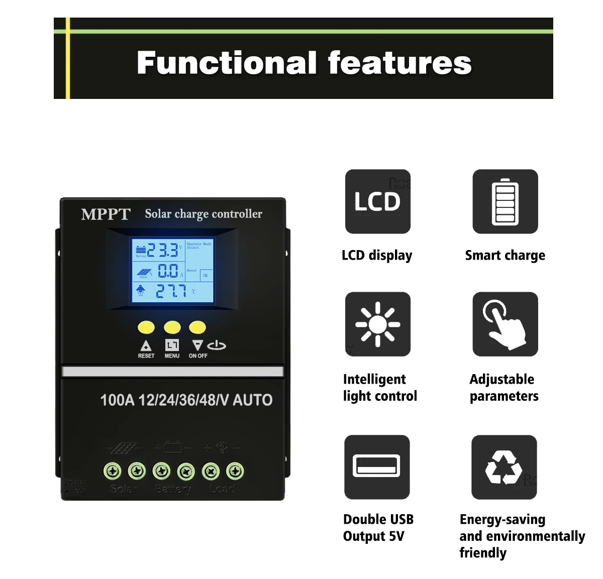 100A 80A 60A Solar Charge Controller MPPT 12V/24V/36V/48V Auto Solar PV Battery Charger with LCD Display and Dual USB Ports