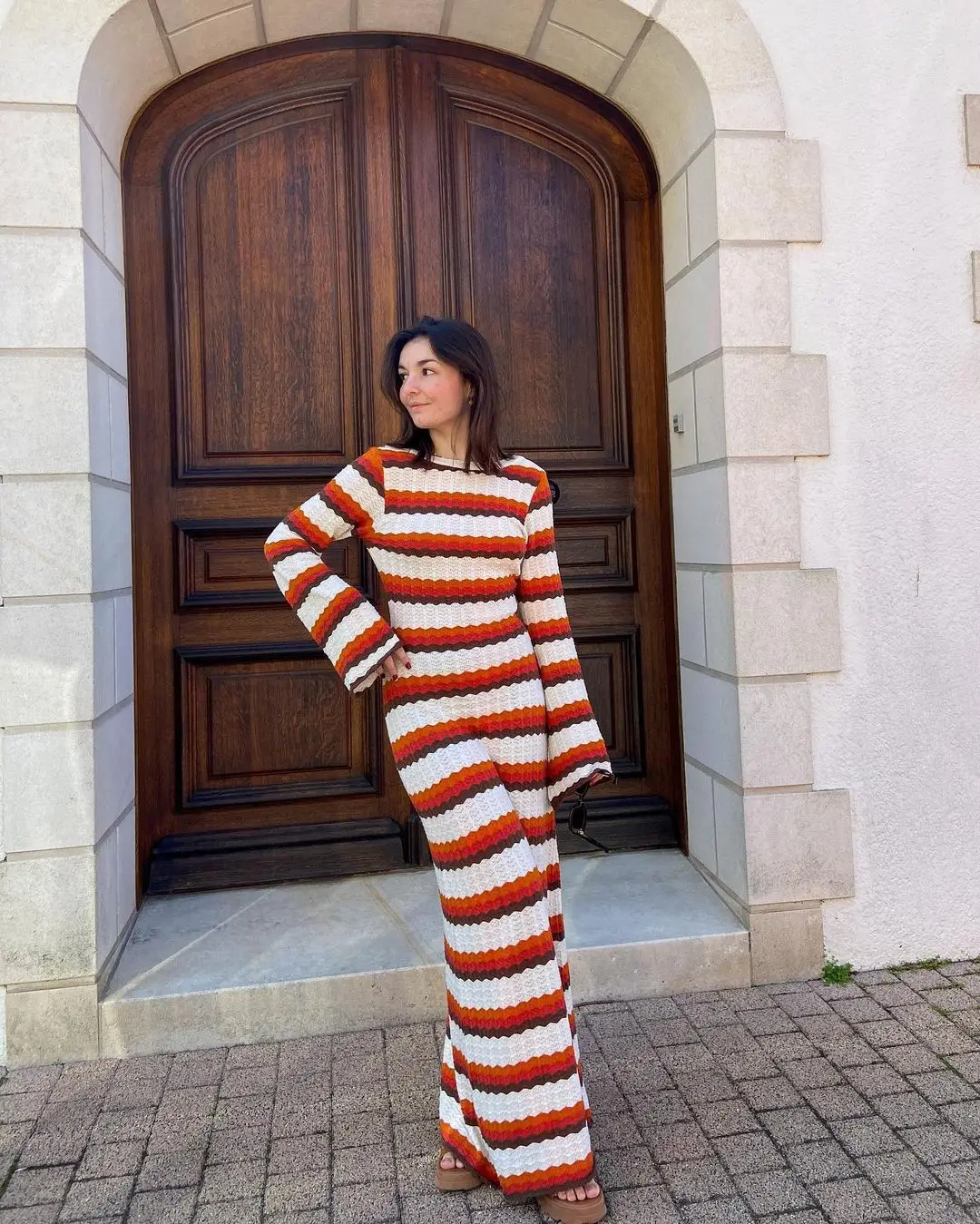 

Striped Contrasting Beach Vacation Long Dress Fashionable Sexy Dress Knitted Hollow Long Dress
