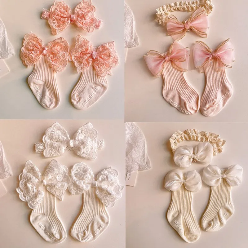 2pcs Bow Lace Baby Socks Newborn Cotton Baby Girls Sock Headband Cute Princess Style Toddler Socks Baby Accessories For Children 3