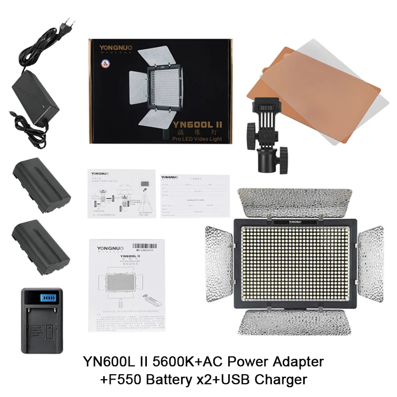 YONGNUO YN-600L LEDライト2個セット　充電器バッテリー2個付 YONGNUO YN600L II LED Video Light Panel 5600K Color with