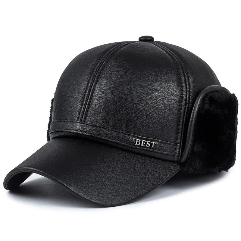 Winter Men's Hat Imitation Leather Baseball Cap Fashion Ear Protection Cap Winter Outdoor Warm Hat Elderly Hat