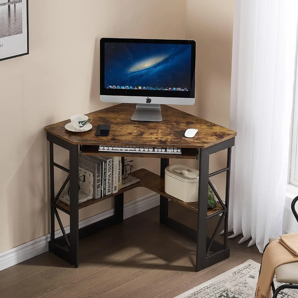 

Corner Computer Desk Writing Smooth Keyboard Tray & Storage Shelves Living Room Corner Table Compact Home Office Triangle Table