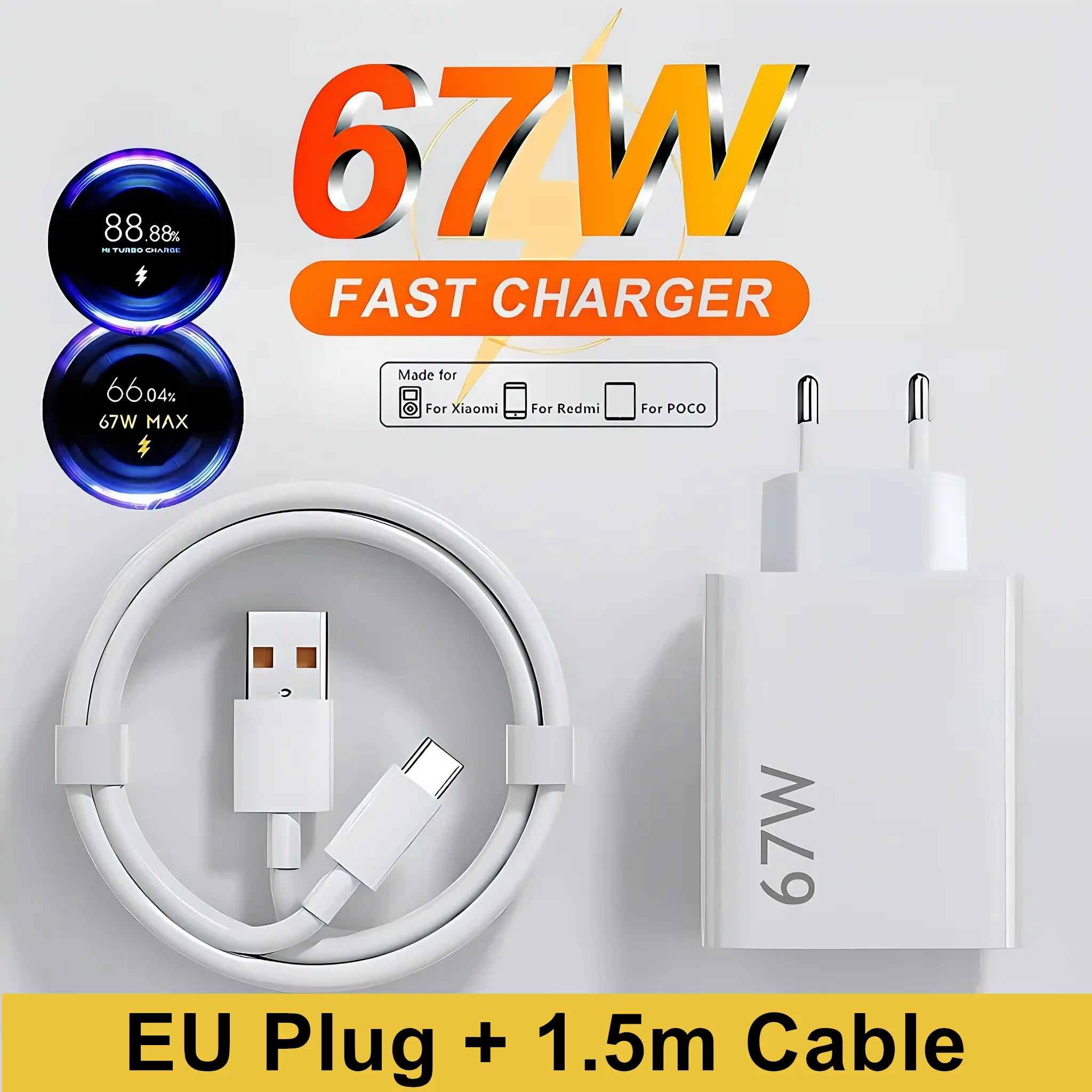 67W Fast Charger And Cable For Xiaomi,Charger Plug For Xiaomi 13 Lite 14 13 Pro 12t 12 12x 11t 10t 14t 15 Ultra Redmi Note 14 13 5g A3 11 Pro 10 11s 12 Poco F4 X4 X5 X6 F3 X3 M5s M6 Turbo Charging