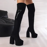 2024 Ultra-High Profiled Hollow Thick Heel Frosted Flock Women's Over-The-Knee Boots Plus Size High Platform Zipper Long Boots - Image 6