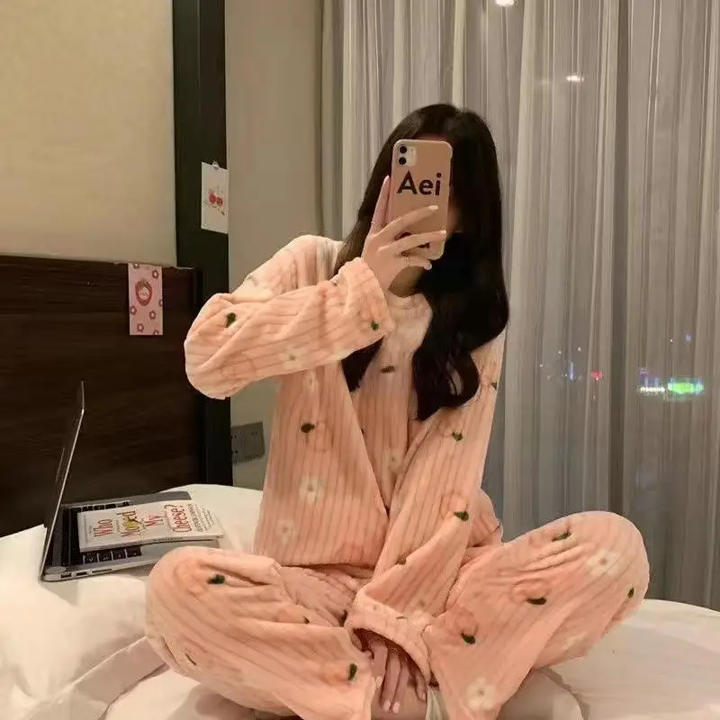 Women Fashion Thick Coral Fleece Pajamas Students Winter Warm Cute Sleepwear Suit