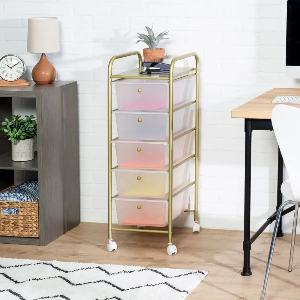 

5-Drawer Rolling Storage Cart With Plastic Drawers, Gold