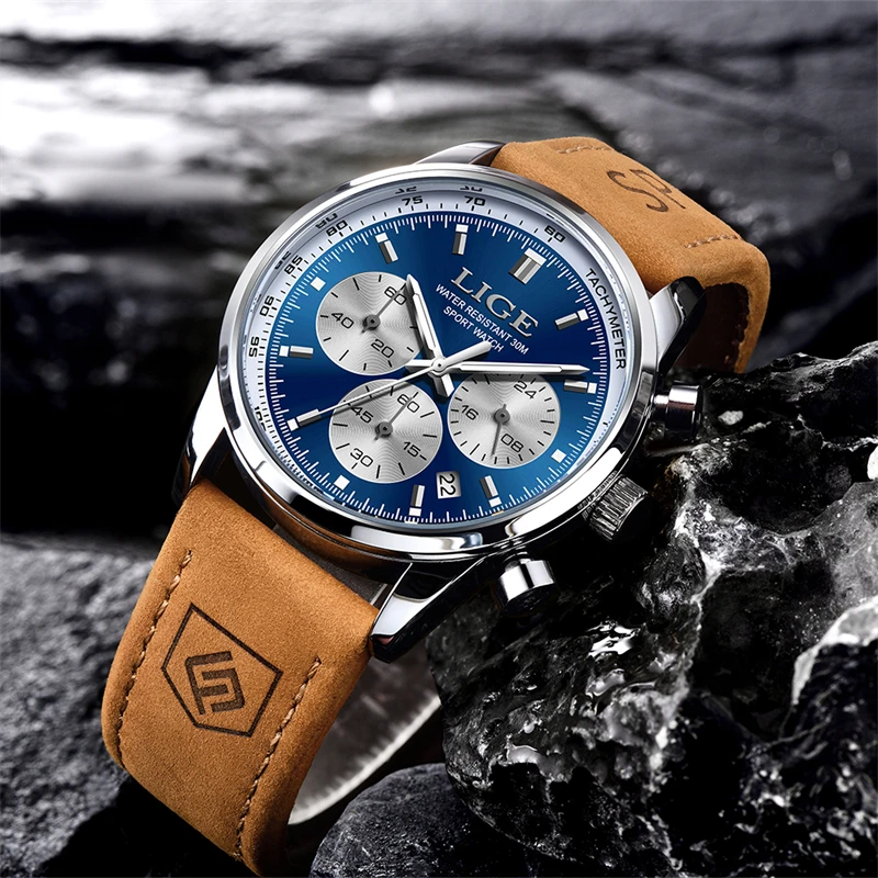 Men's Luxury Quartz Chronograph Leather Watch - Elegant & Waterproof Sport Design by LIGE