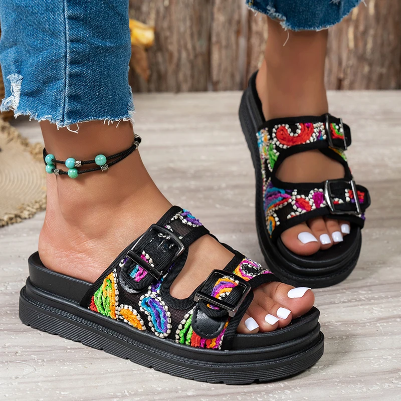 Women's Mix Color Chunky Platform Slippers Fashion Flowers Non-Slip Sandals Buckle Soft Thick Bottom Casual Slides