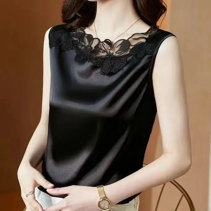 S0639919bcaa844b0a39be76e9b313f7aa Korean Silk Women Blouses Shirt Woman Satin Blouse Tops Women Satin Lace Embroidery Blouse Top Woman V-neck Printing Shirts Tops Mallzona
