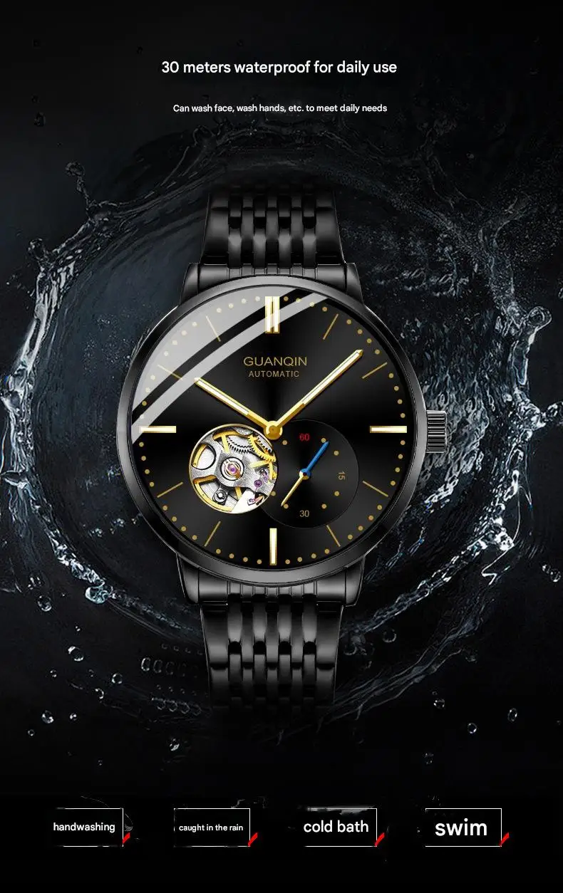 Orologio da polso da uomo GUANQIN con scheletro automatico, meccanico, a carica automatica, in acciaio inossidabile, luminoso, stile vintage, con zaffiro e impermeabile_voghion.com
