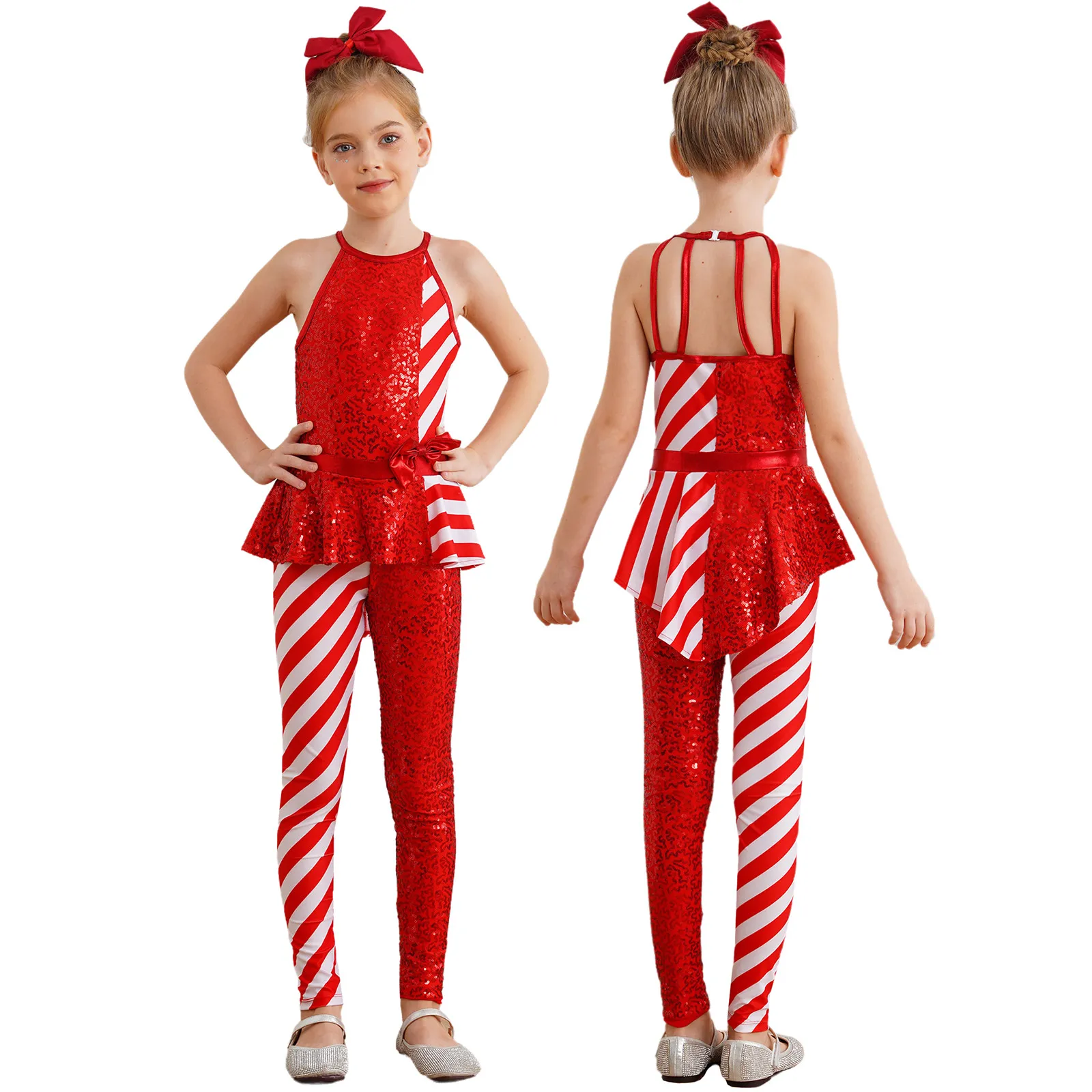 Mono de Ballet con lentejuelas a rayas y bastón de caramelo para niñas, traje de Cosplay de Año Nuevo, mono con péplum de cintura alta y espalda abierta