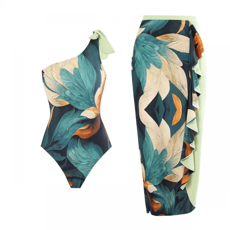2024New Retro One-Piece Swimsuit Sexy One-Shoulder Swimsuit Printed Beach Skirt Set Wholesale