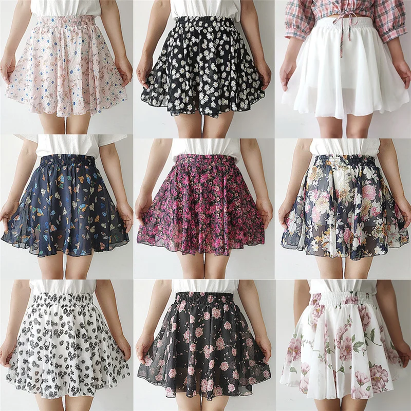 2022 Summer Skirt Korean Women High Waist Chiffon Mini Skirt Sweet Ladies Elastic Waist A-line Shorts Skirts