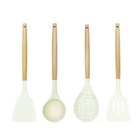 Manche en bois, poêle antiadhésive blanche, spatule en silicone, spatule de poêle résistante aux hautes températures, cuillère à soupe, ensemble d'ustensiles de cuisine 5