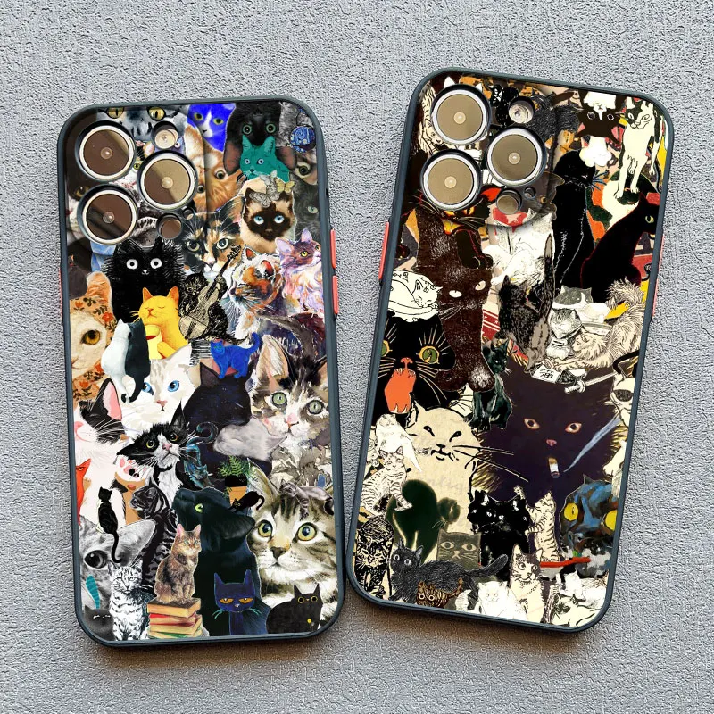 Vintage Black Cat and White Kitten Illustration Phone Case - Cute Cartoon Design