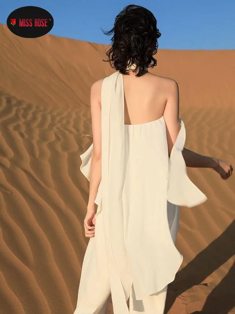Belt Women Strapless White Rompers Travel Honeymoon Jumpsuit Designer Luxurious Pleated Ruffles Wide Leg Fashion Chic Jumpsuit
