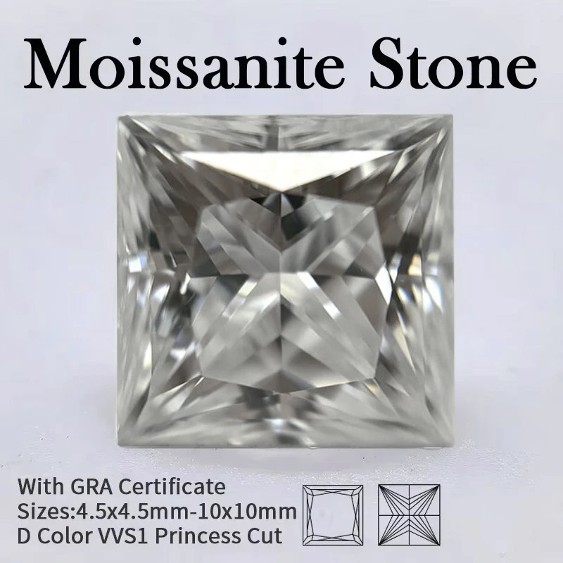 Moissanit-Stein im Princess-Schliff, D-Farbe, VVS1 mit Zertifikat, 4,5x4,5mm-10x10mm, funkelnder quadratischer Edelstein für die Schmuckherstellung