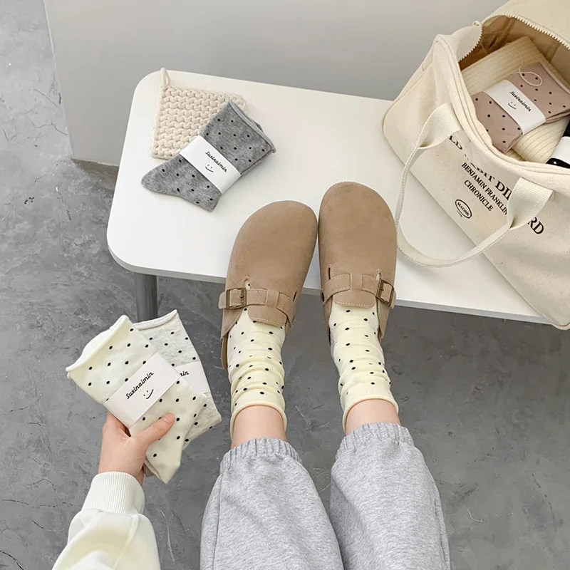 Vintage Cream Polka Dot Curled-Edge Mid-Tube Socks