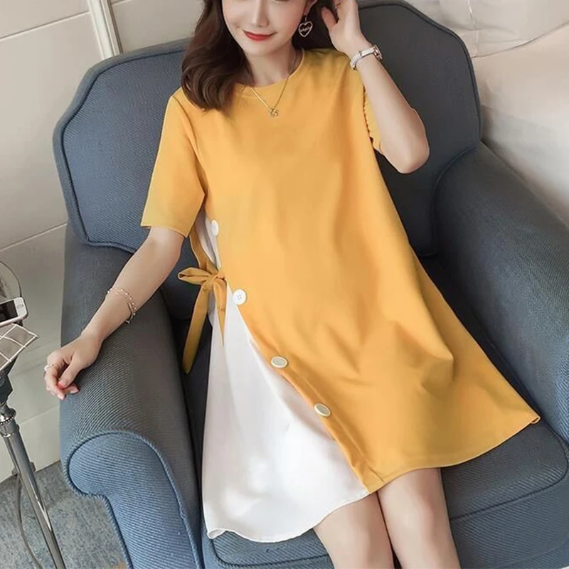 pregnant woman dress patchwork maternity clothes short sleeve pregnancy cotton dress