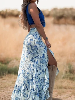 Women's White Blue Floral Maxi Skirt with Ruffled High Slit Bohemian Western Style Ideal for Summer Outings 1