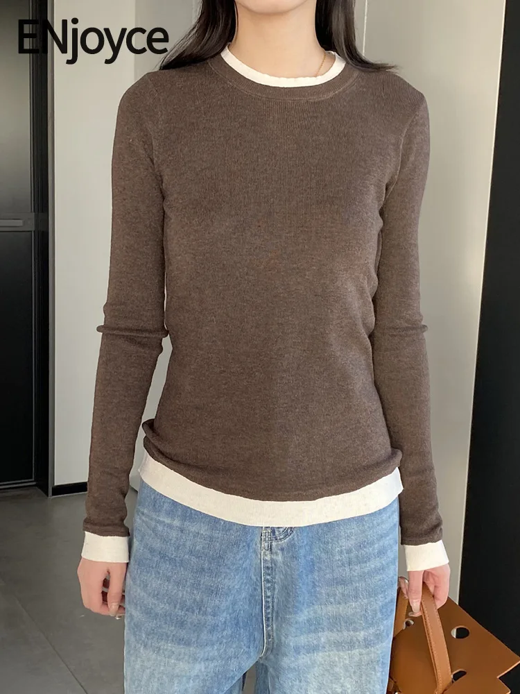 

Женский вязаный свитер ENjoyce, винтажный пуловер контрастной расцветки с вырезом горловины, приталенный трикотажный топ в Корейском стиле для весны и осени