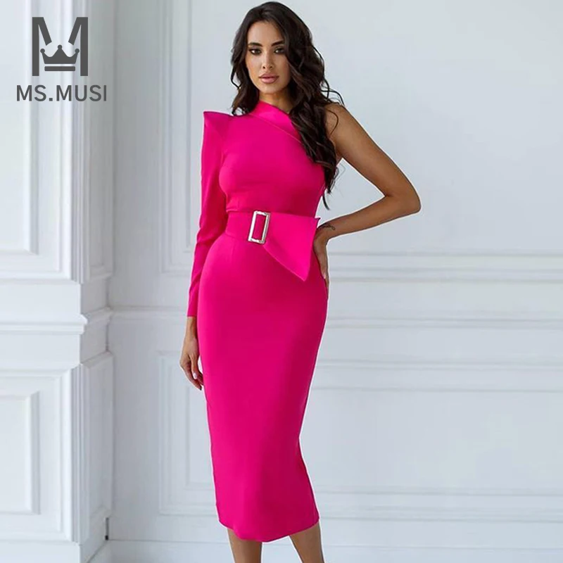 

MSMUSI 2023 New Fashion Women Sexy Pink One Shoulder Long Sleeve Backless Bandage Party Club Bodycon Event Midi Dress With Belt