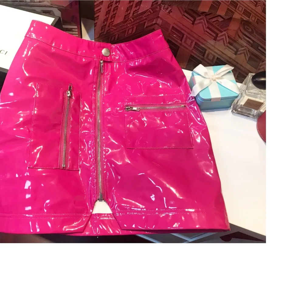 

Женская юбка из лакированной кожи, Однотонная юбка на молнии с карманами, 2022