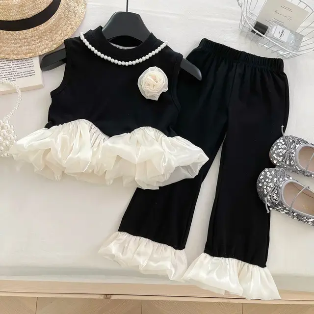 Ensemble de vêtements d'été pour bébés filles, t-shirt + pantalon à volants à fleurs 3D, vêtements de princesse d'anniversaire à la mode pour enfants, 2025 1