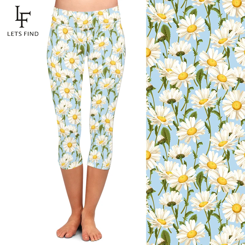 LETSFIND Summer Style Fresh Little Daisy Pattern Print Women Leggings High Waist  Slim Stretch Capri Leggings