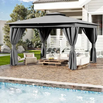 10x13 FT Outdoor Gazebo for Patio, Heavy Duty Party Tent with Double Roofs, Outdoor Canopy with Curtains and Nettings for Deck, 1