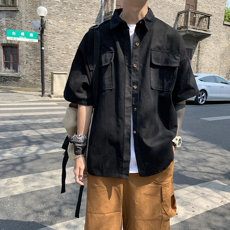 Summer Half leeve Cargo Men Shirts Japanese Ins Casual Blouse Trendy Y2K Chic Loose Shirts Biker Motor Big Size Loose Streetwear