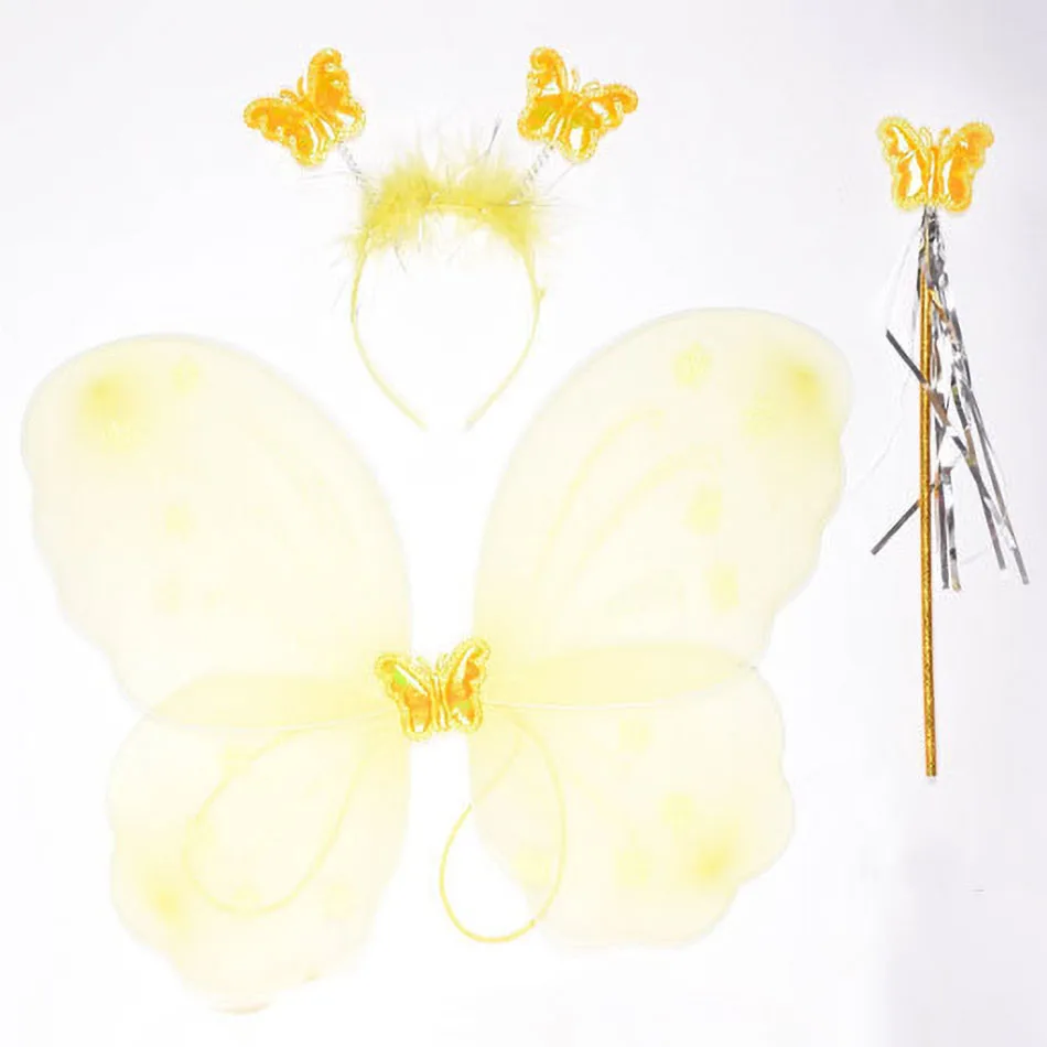 Kids Butterfly Headband Wings Wand 3 Pcs Set Girls Summer Photography Outfit Children Silk Yellow Green Purple Pink Color Props 3