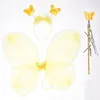 Kids Butterfly Headband Wings Wand 3 Pcs Set Girls Summer Photography Outfit Children Silk Yellow Green Purple Pink Color Props 3