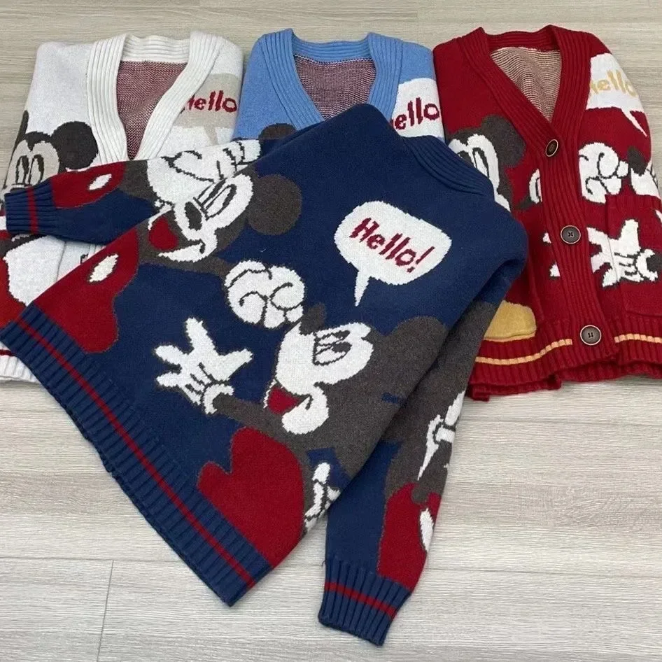 Disney Knitted Cardigan Japanese Mickey Cartoon Sweaters for Women Coat Female Autumn and Winter Loose Wild Thicken Kawaii Tops