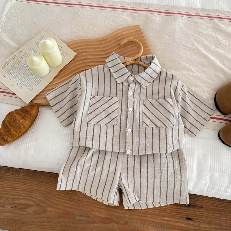 Summer Children's Set Vintage Stripe Boys Short sleeved Shirt Shorts Set Solid Color Polo Collar Cardigan Top Baby Clothes