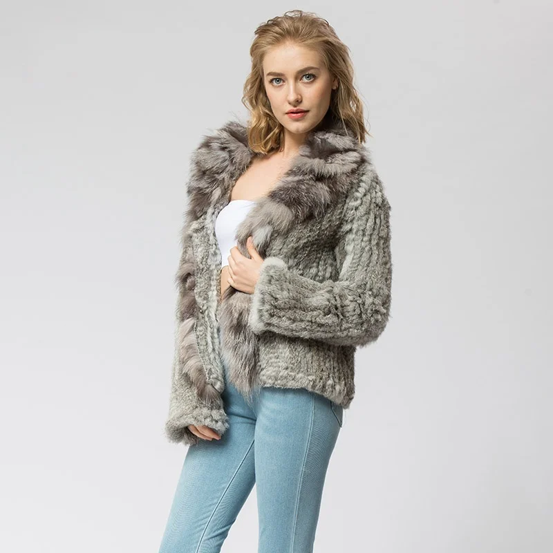 CR072 Knitted Real Rabbit Fur Coat Overcoat Jacket With Fox Fur Collar Russian Women's Winter Thick Warm Genuine Fur Coat