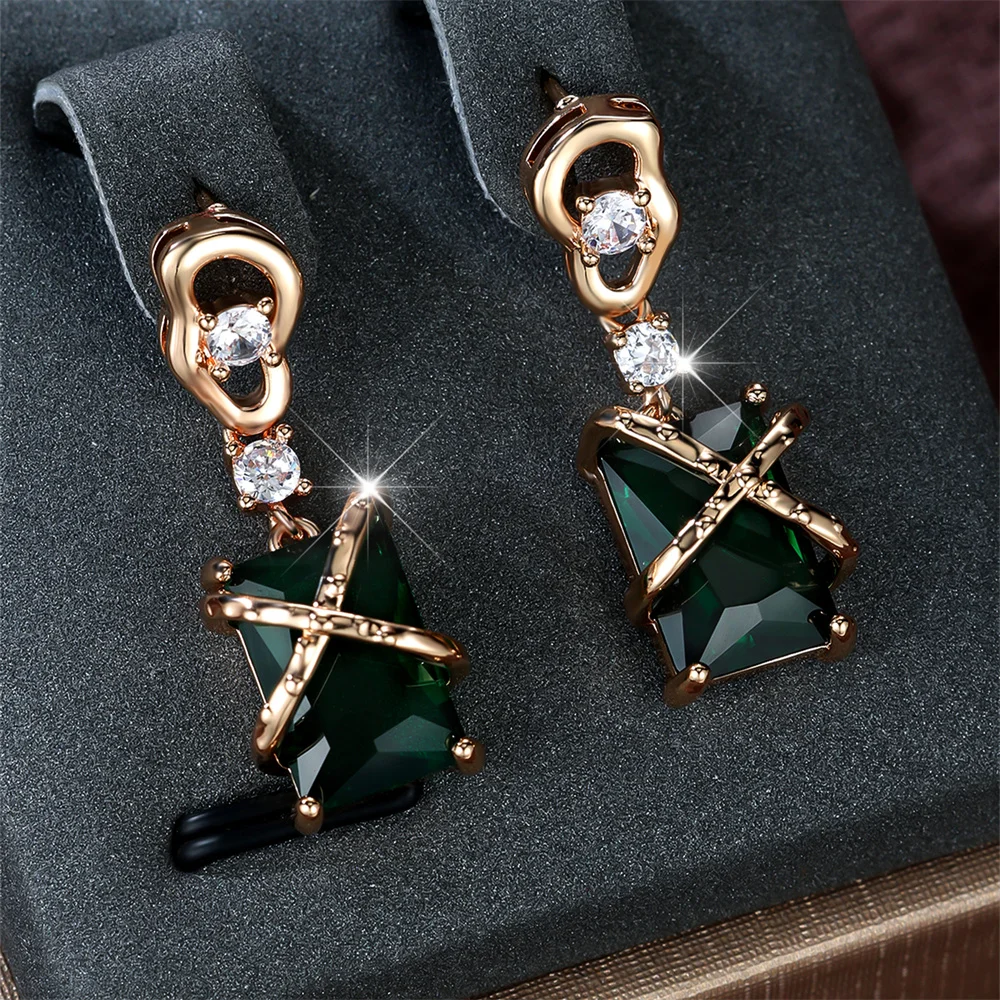 Green Crystal Square Stone White Zircon Dangle Earrings For Women Vintage Gold Color X Drop Earrings Bridal Wedding Jewelry Gift