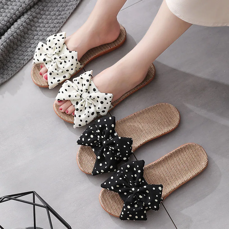 Summer Bowknot Linen Slippers Women Japanese Cute Wave Point Home Indoor Shoes Non-Slip Women's Linen Slippers