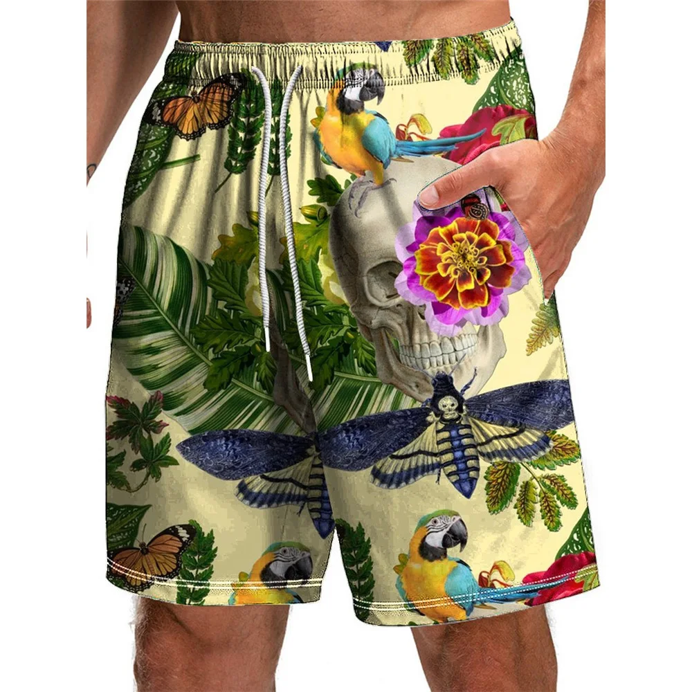 HXFashion Men's Shorts Hawaii Bohemia Skull Leaf Floral 3D Printed Board Shorts Polyester Casual Pockets Pants Sportswear