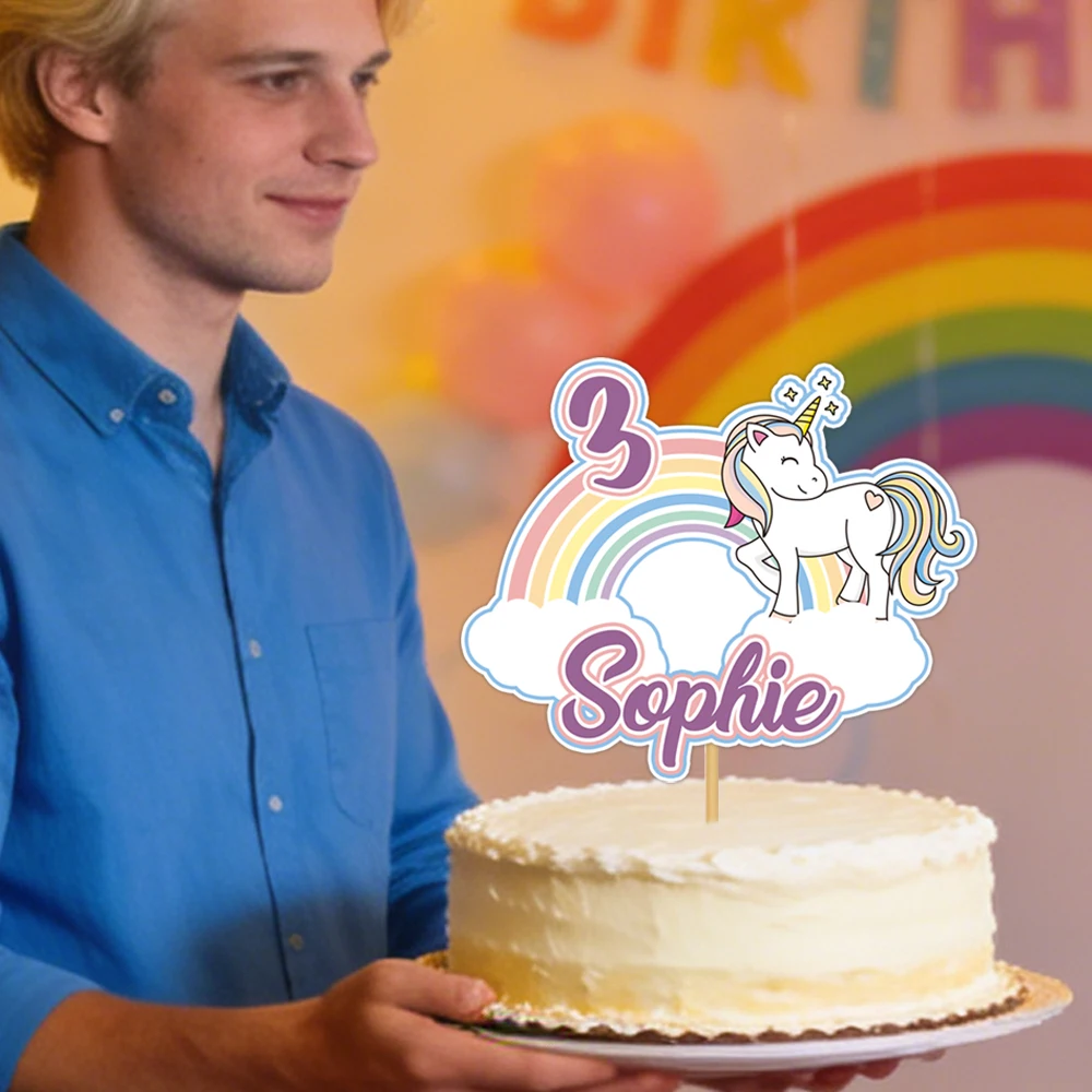 Personalisierter Geburtstagstorten-Aufsatz mit individuellem Namen, Party-Regenbogen-Einhorn-Muster, Kuchendekoration, Obst-Dessert-Spieße, Partyzubehör – Detail 9