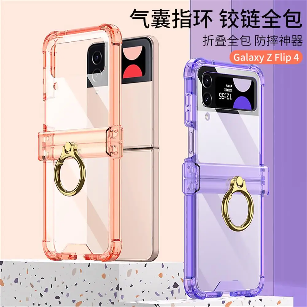 

For Samsung Galaxy Z Flip 4 Flip4 Case Transparent Ring Holder Bracket Folding Hinge Four Corner Shockproof Silicone Back Cover