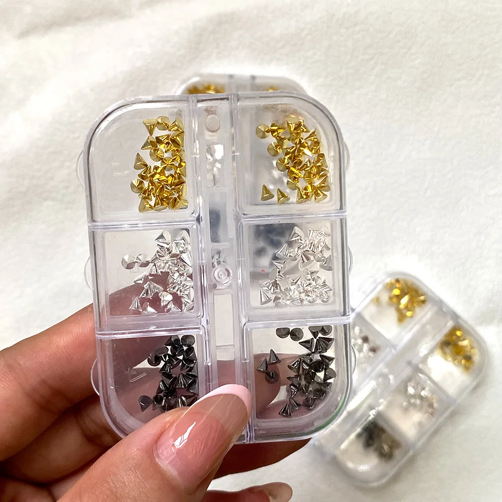 150 Stück 3D Schwarz Silber Metallic Niete Punk Nagel Strasssteine 6Gitter Tiny Cone Spike Nieten Nagel Charms Mixed Aolly Mini Nieten Deco – Detail 7