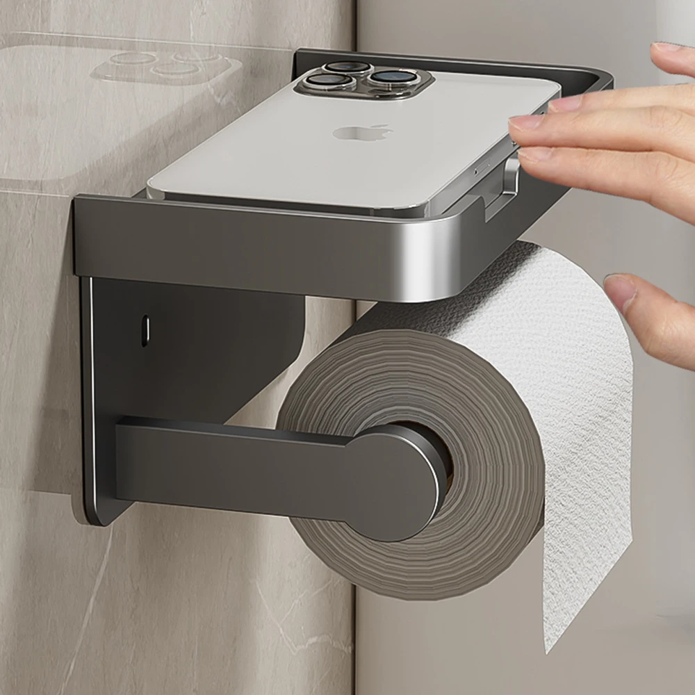 

Grey Toilet Paper Holder with Phone Shelf Wall Mounted Black Bathroom Accessories Toilet Paper Shelf Aluminum
