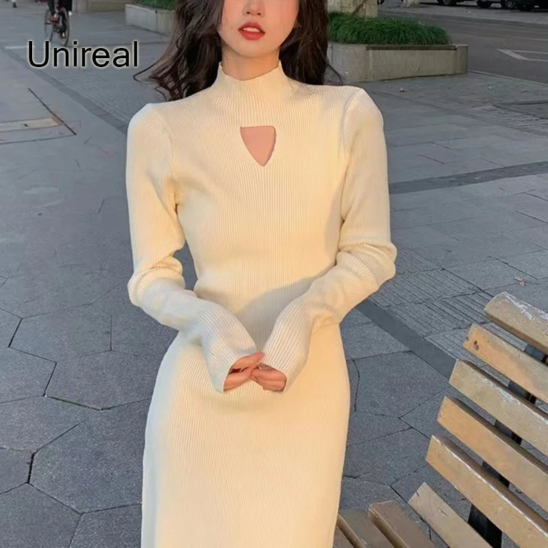 

Ordifree 2022 Autumn Women Knitted Dress Long Sleeve Warm Stretch Sexy Slim Basic Sweater Dress