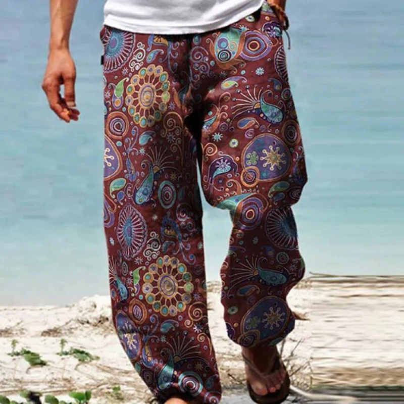

Loose Men's Casual Pants Summer Beach Hawaiian Trendy Wide Leg Trousers Male Baggy Flower Printed Daily Fitness Joggers Pants
